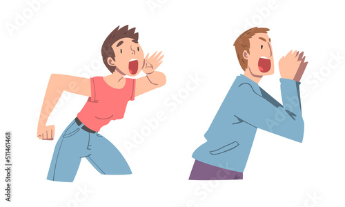 Man and Woman Character Holding Hand Near Mouth Shouting or Screaming Loud Vector Set