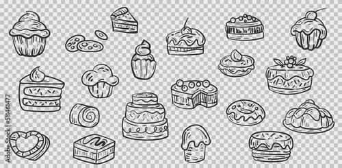 Big collection cartoon doodle funny silhouettes dessert bakery food. Set of hand drawn sketches cakes different variations isolated on transparent background. Vector sweets elements.