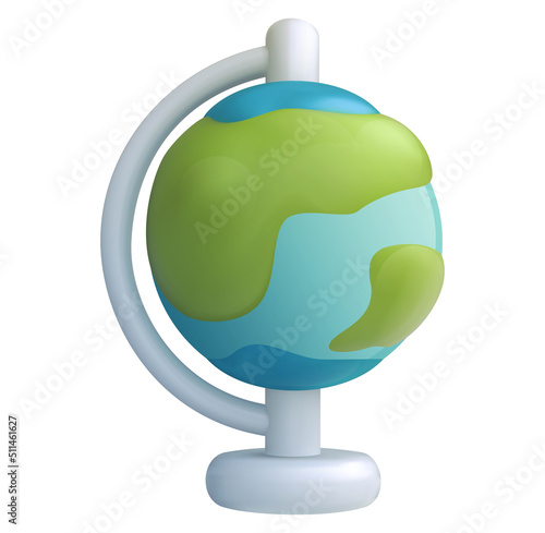 Realistic 3d cartoon globus on white background. Cute stylised funny device. Colorful bright vector illustration for science, game, business. Sweet glossy plastic element. Creative concept art.