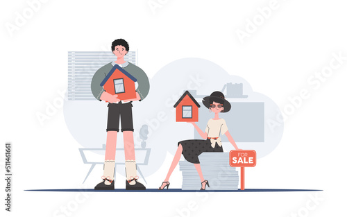 Guy and girl realtors. The concept of buying a house. Good for websites, apps and presentations. trendy style. Vector illustration.