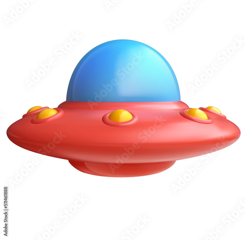 Realistic 3d cartoon flying ufo on white background. Cute stylised alien spaceship. Colorful bright vector illustration for science, game, business. Sweet glossy plastic element. Creative concept art.
