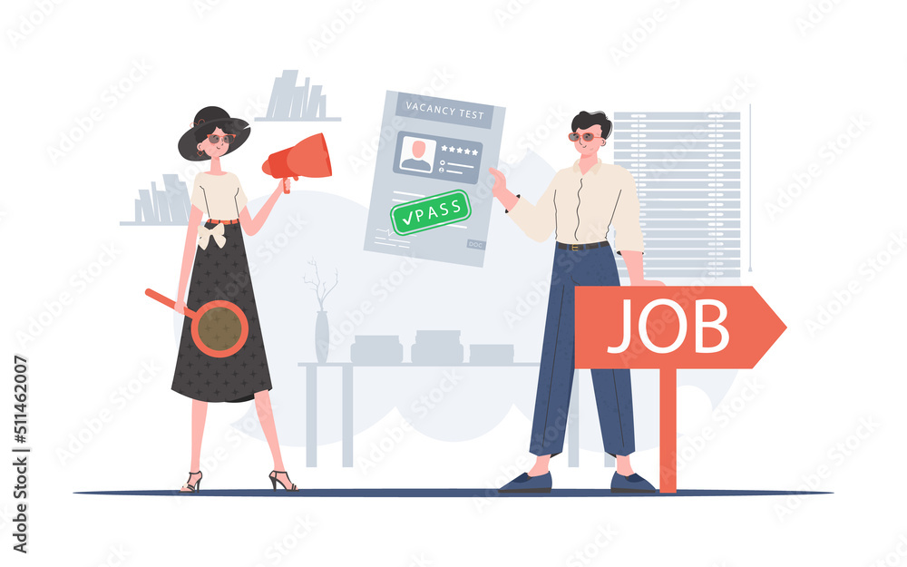 HR team. Girl with a mouthpiece. A man with a job test passed. Job search concept. Vector illustration in a flat style.