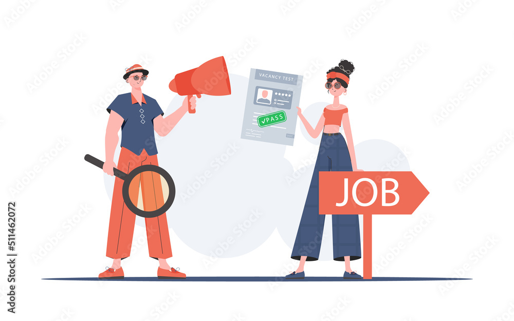 HR team. Man with a mouthpiece. A girl with a job test passed. The concept of finding employees. Trend style, vector illustration.