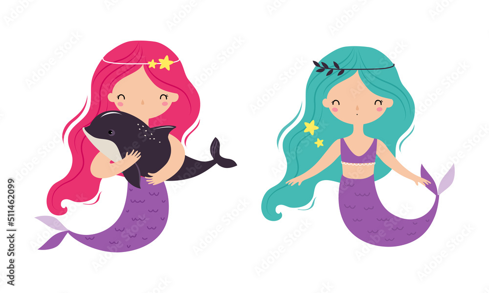 Cute Mermaid with Fish Tail and Wavy Hair Holding Dolphin Floating Underwater Vector Illustration Set Cute Mermaid with Fish Tail and Wavy Hair Holding Dolphin Floating Underwater Vector Illustration Set