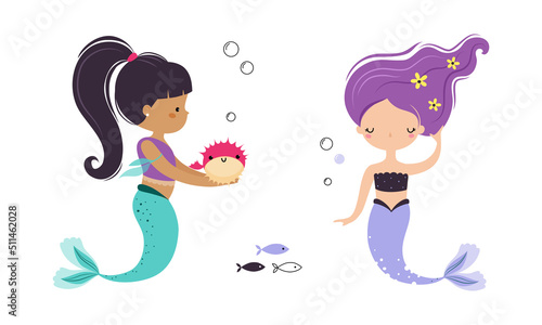 Cute Mermaid with Fish Tail and Wavy Hair Floating Underwater Vector Illustration Set
