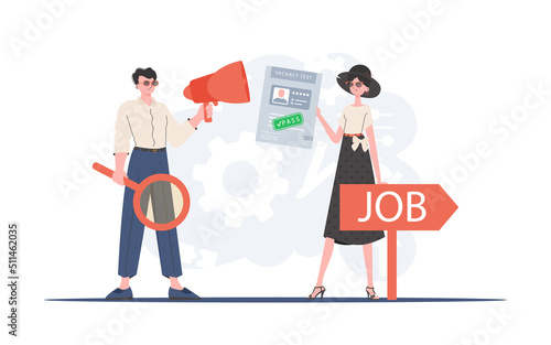 HR team. Man with a mouthpiece. A girl with a job test passed. The concept of finding employees. Trend style, vector illustration.