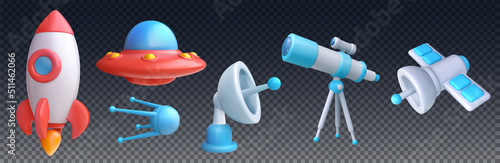 Set of 3d realistic cartoon technology space elements. Rocket, ufo, satellite, radar, telescope. Collection glossy cute children objects in minimal style for education. Modern vector illustration.
