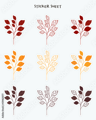 Vector set of cute stickers with delicate colorful leaf. Bullet journal stickers, planner, scrapbook stickers design.