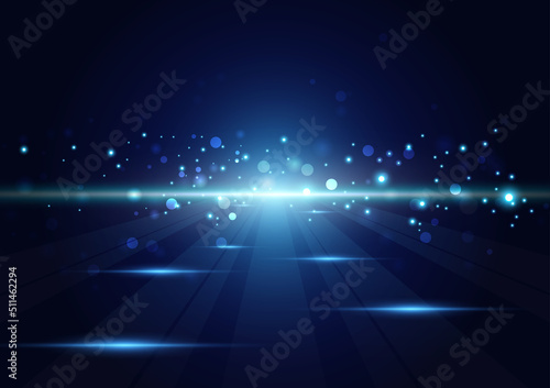 Abstract blue neon light rays with dots and sparks effect, vector illustration.