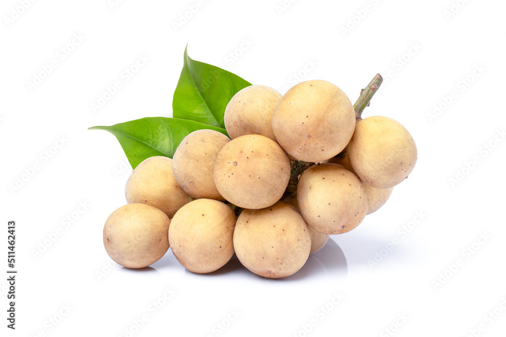 Longkong fruit (Lansium) with green leaves isolated on white background. Longkong fruit (Lansium) with green leaves isolated on white background.