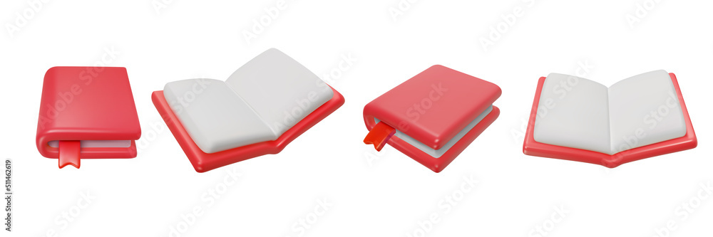 Set of close and open red book with bookmark in 3d minimal realistic style. Cartoon cute vector illustration. Collection sweet glossy design elements. Concept for education, learning. Set of close and open red book with bookmark in 3d minimal realistic style. Cartoon cute vector illustration. Collection sweet glossy design elements. Concept for education, learning.