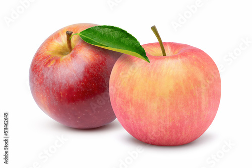 Red and pink apples fruit with green leaf isolated on white background.