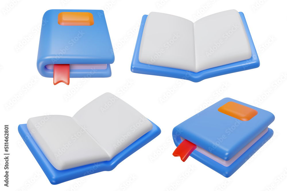 Set of close and open blue book with red bookmark in 3d minimal realistic style. Cartoon cute vector illustration. Collection sweet glossy design elements. Concept for education, learning. Set of close and open blue book with red bookmark in 3d minimal realistic style. Cartoon cute vector illustration. Collection sweet glossy design elements. Concept for education, learning.
