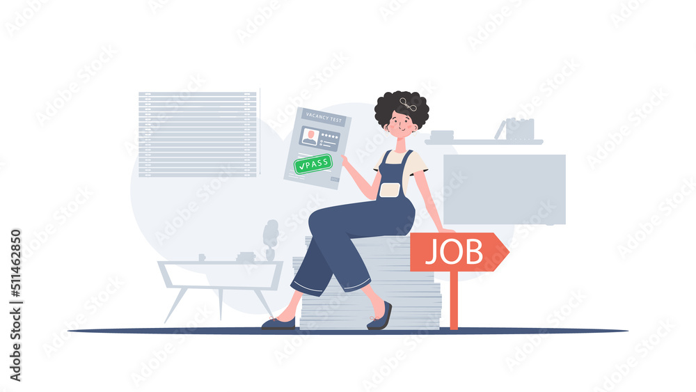 The girl holds in her hands the passed test for a vacancy. Job search concept. Trend style, vector illustration.