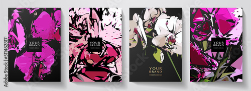 Photo Floral cover design set with abstract orchid flower on black background