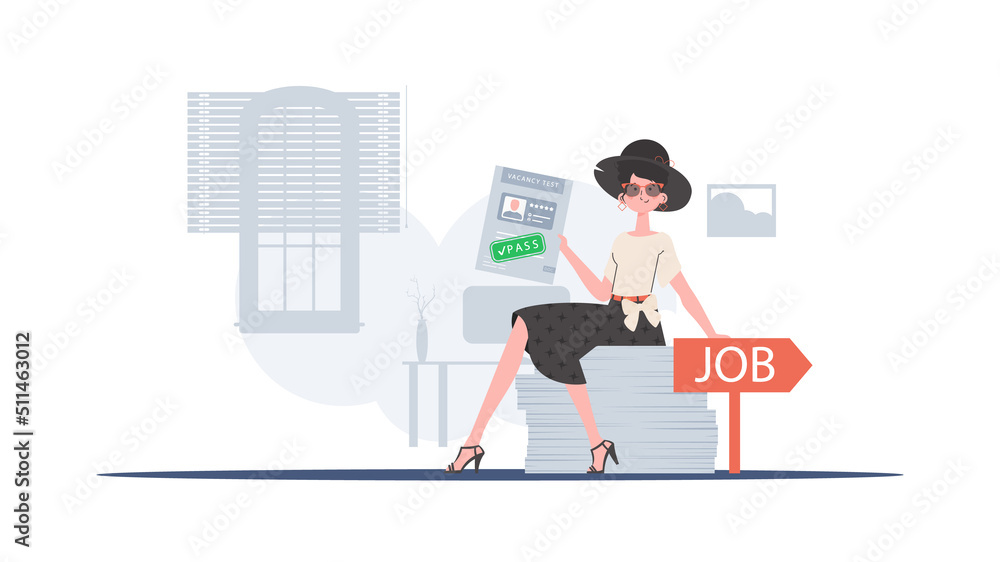 The girl holds in her hands the passed test for a vacancy. The concept of finding employees. Trend style, vector illustration.
