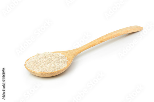 Pink himalayan salt in wooden spoon isolated on white background with clipping path.
