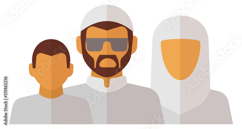 Saudi parents and son. Islamic traditional family avatars