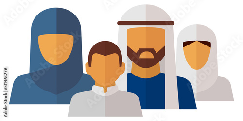 Traditional islamic family. Muslim couple with son and daughter