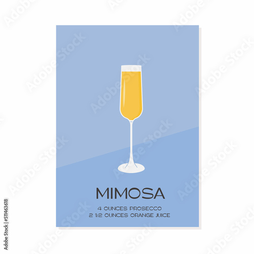 Mimosa Cocktail in champagne glass. Summer aperitif recipe with orange juice and prosecco. Mixology minimalist simple print. Alcoholic beverage on background. Vector flat style illustration.