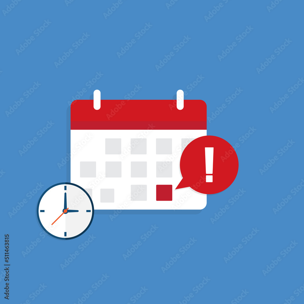 Calendar deadline or event reminder notification with clock. Calendar deadline or event reminder notification with clock.