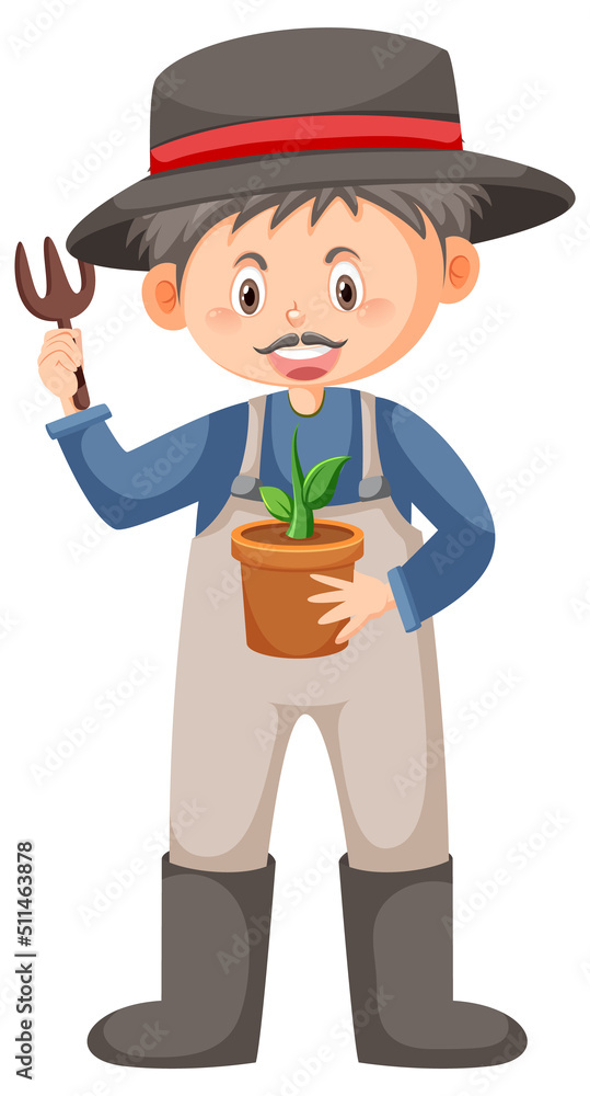 Old man holding plant on white background