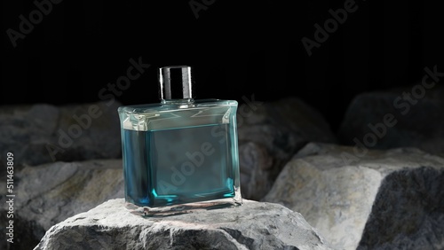 3D Render of Perfume Bottle placed on the Rocks