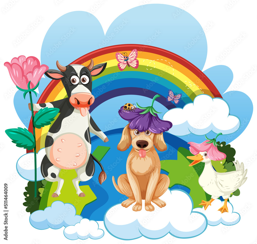 Obraz premium Animals on cloud with rainbow