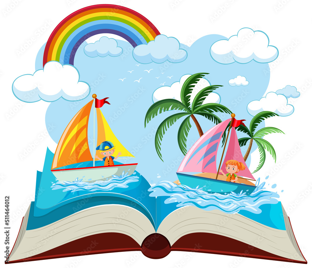 Open book with children enjoying summer at the beach
