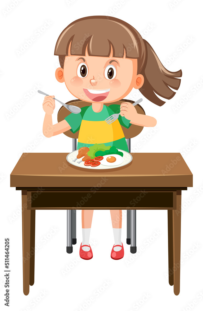 Little girl having meal cartoon character Little girl having meal cartoon character