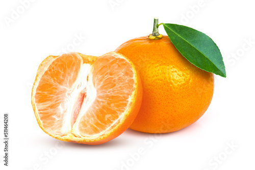 Tangerine or clementine orange fruit with green leaf and slices isolated on white background.