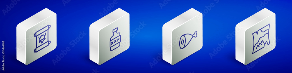 Set Isometric line Decree, parchment, scroll, Whiskey bottle, Chicken leg and Folded map icon. Vector Set Isometric line Decree, parchment, scroll, Whiskey bottle, Chicken leg and Folded map icon. Vector