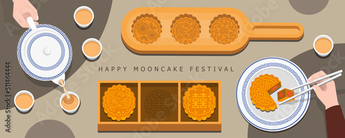 illustration vector of mooncake and teapot set on table top view