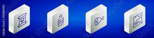 Set Isometric line Decree, parchment, scroll, Whiskey bottle, Chicken leg and Folded map icon. Vector