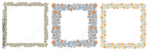 A set of three square decorative frames made of flowers and leaves. The concept of a wedding with flowers. Vector compositions for the design of greeting cards or invitations.