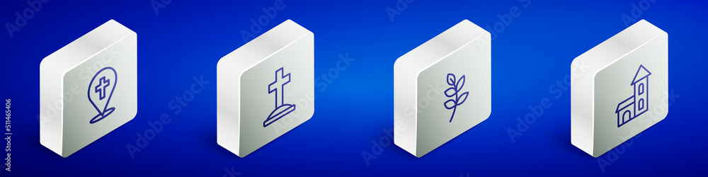 Set Isometric line Location church building, Grave with cross, Willow leaf and Church icon. Vector Set Isometric line Location church building, Grave with cross, Willow leaf and Church icon. Vector