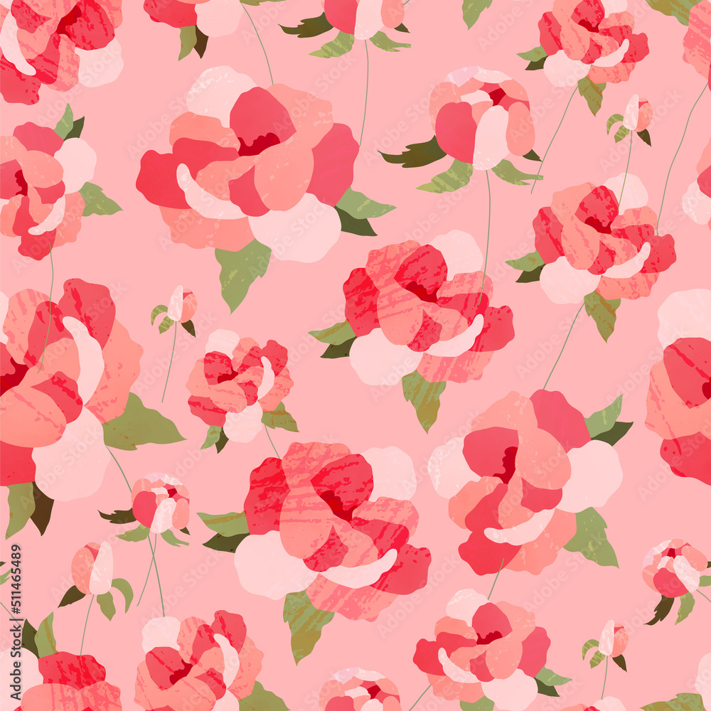 delicate seamless pattern featuring pink peonies using texture and watercolor effect. 