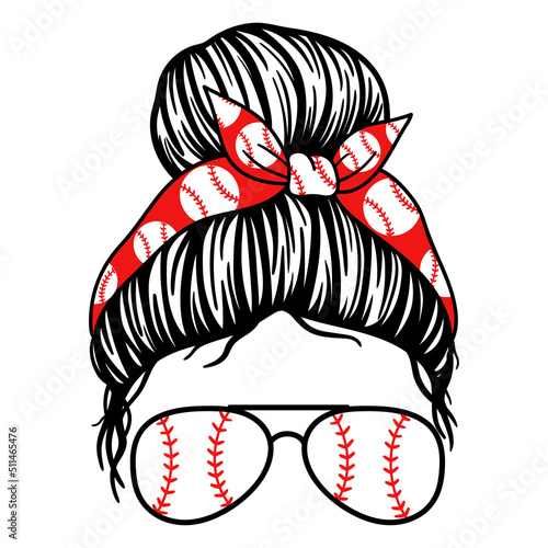 Baseball Mom. Women face with aviator glasses bandana and baseball print. Messy Bun Mom Lifestyle. Vector illustration.  Isolated on white background. Good for posters, t shirts, postcards.