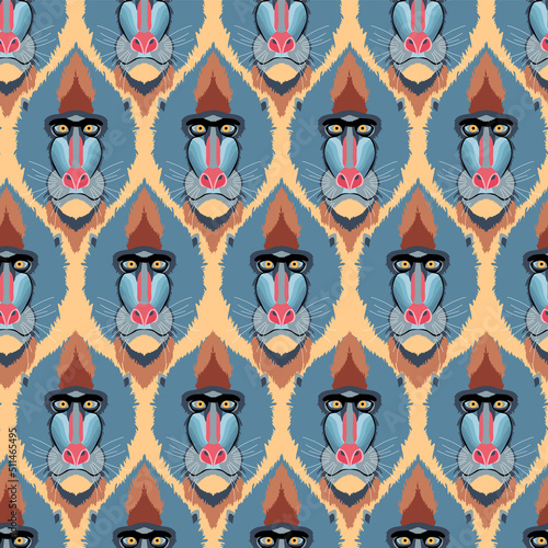 seamless pattern with the image of a mandrill head. Graphic pattern for creating textiles and wallpaper.