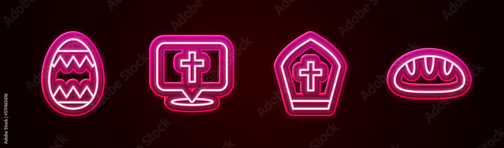 Set line Easter egg, Location church building, Pope hat and Christian bread. Glowing neon icon. Vector Set line Easter egg, Location church building, Pope hat and Christian bread. Glowing neon icon. Vector