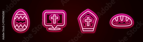 Set line Easter egg, Location church building, Pope hat and Christian bread. Glowing neon icon. Vector
