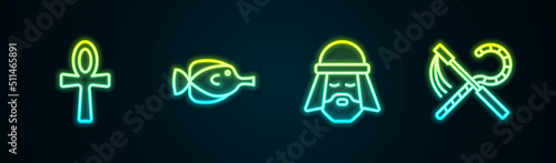 Set line Cross ankh, Butterfly fish, Egyptian man and Crook and flail. Glowing neon icon. Vector