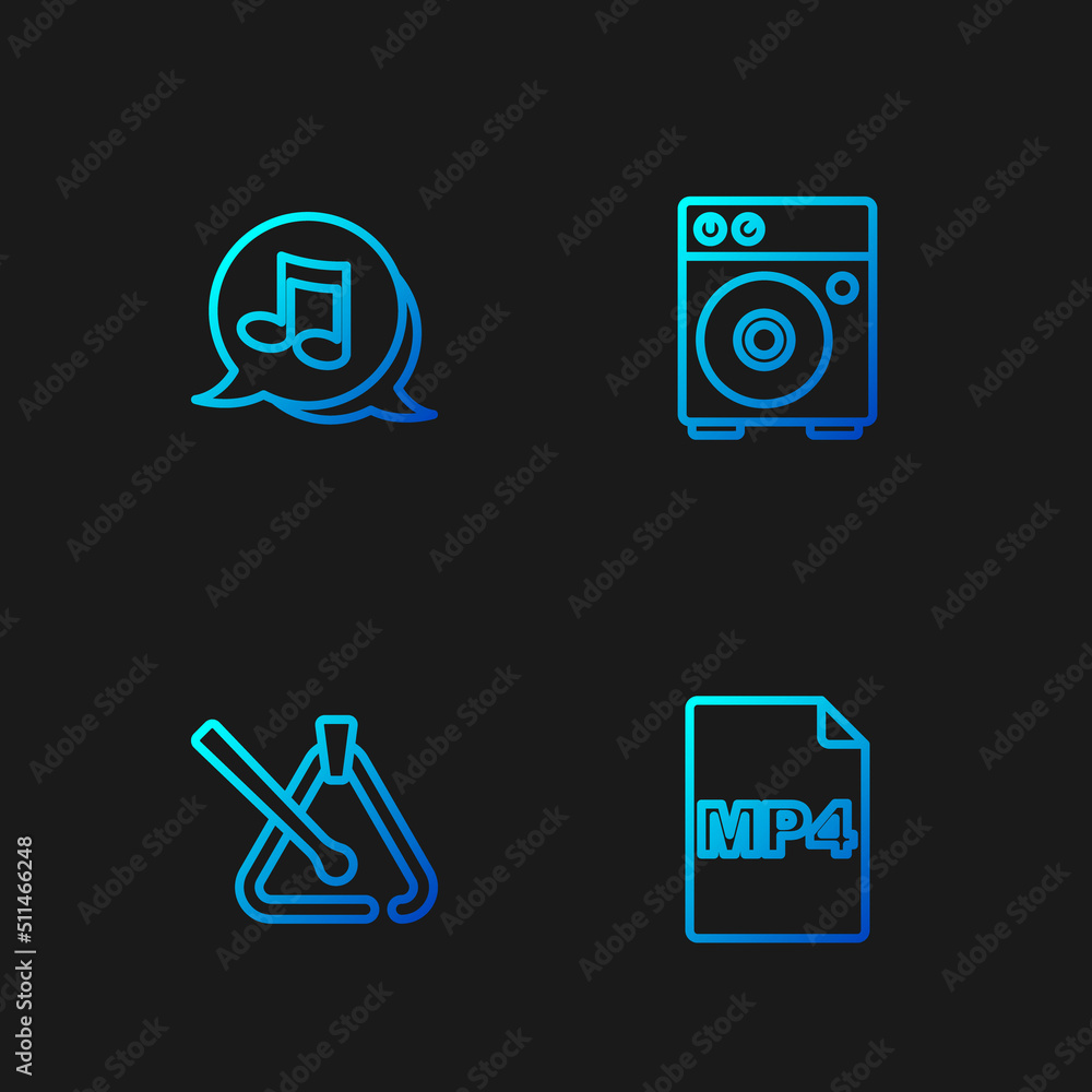 Set line MP4 file document, Triangle musical instrument, Music note, tone and Guitar amplifier. Gradient color icons. Vector Set line MP4 file document, Triangle musical instrument, Music note, tone and Guitar amplifier. Gradient color icons. Vector