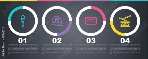 Set line Microphone, Music note, tone, Retro audio cassette tape and Drum with drum sticks. Business infographic template. Vector