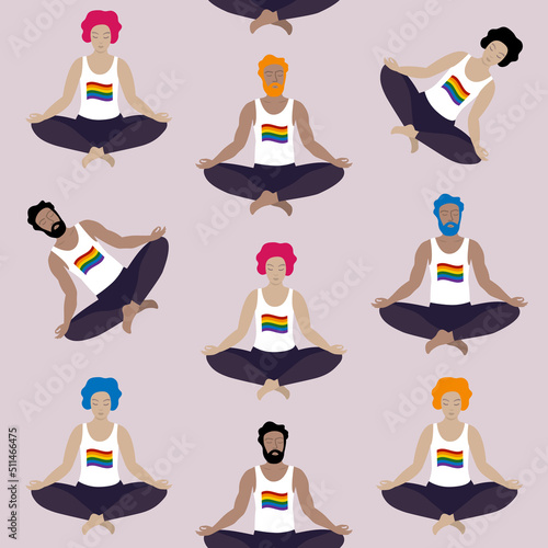Queer yoga seamless pattern. LGBTQ people in lotus position.