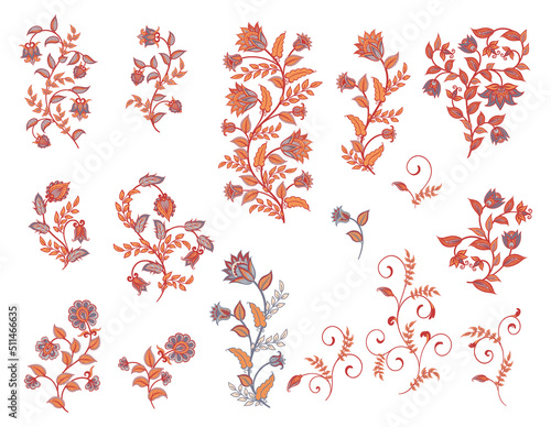 Set of decorative floral elements. Kalamkari. Indian style.