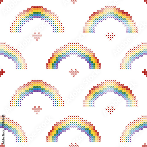 Rainbow cross stitch seamless pattern. LGBTQ  pride week concept.