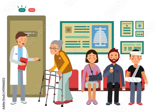 Medical xray room. Sitting people waiting in queue