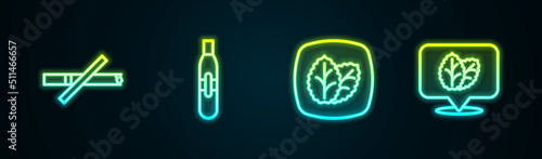 Set line No smoking, Electronic cigarette, Tobacco leaf and . Glowing neon icon. Vector