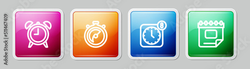 Set line Alarm clock, Stopwatch, app mobile and Calendar. Colorful square button. Vector